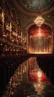 Elegant theater interior with sparkling chandeliers and reflected warmth during a performance at dusk photo