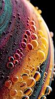 Colorful bubble patterns on a surface with vibrant hues and reflections captured in close-up at a macro scale photo