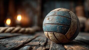Vintage volleyball resting on wooden surface with soft lighting in background creates nostalgic atmosphere in indoor setting photo