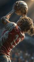 Player prepares for a throw-in during muddy match in an outdoor stadium at dusk photo