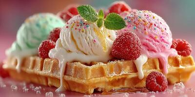 Delicious dessert creation with waffles, ice cream, and fresh raspberries presented on a vibrant background photo