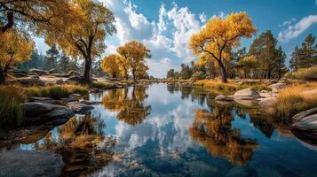 Picturesque autumn landscape with vibrant trees reflecting in a serene river under a clear blue sky photo