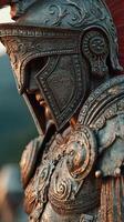 Detailed depiction of an ancient warrior statue showcasing exquisite craftsmanship and historical significance during sunset photo