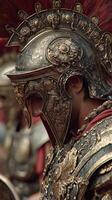 Detailed close-up of a Roman soldier in ornate armor during a historical reenactment event in a city square at midday photo