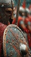 Ancient warriors prepare for battle in the rain with detailed armor and shields photo