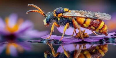 Vibrant insect rests on flower reflecting morning dew in a serene garden setting photo