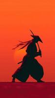 Warrior in silhouette walks with sword against vibrant sunset backdrop in a serene landscape photo