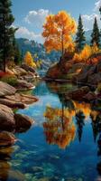 Autumn reflections in a tranquil river surrounded by vibrant trees and clear skies in a serene natural landscape photo