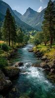 Serene river flows through lush valley beneath majestic mountains on a sunny day photo