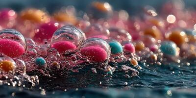 Bubbles of vibrant colors floating atop a shimmering body of water at sunset, capturing a moment of natural beauty and playfulness photo