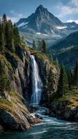 Majestic waterfall cascading down rocky cliffs in a serene mountain landscape under blue sky photo