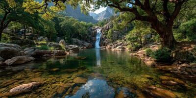 Majestic waterfall cascades into a serene pool surrounded by lush greenery in a mountain landscape photo