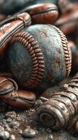 Weathered baseball gear rests on a dusty surface, showcasing signs of wear and nostalgia from past games photo