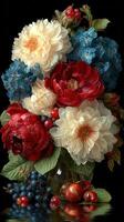 Vibrant bouquet of peonies and hydrangeas arranged elegantly in a glass vase with fruits on a dark background photo
