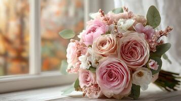 Beautiful bouquet of pastel roses arranged near a sunny window, capturing the warmth of a spring afternoon photo