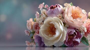 Beautiful bouquet of various flowers arranged elegantly on a reflective surface in soft pastel colors photo