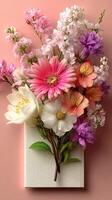 Colorful floral bouquet arranged on textured surface in soft light during daylight hours photo