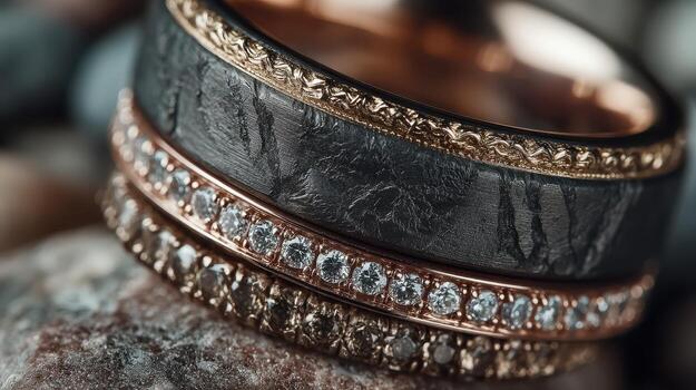 Elegant wedding rings displayed on a textured surface with intricate designs and sparkling gemstones photo