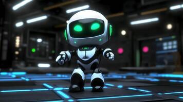 Cute white robot with green eyes points forward in futuristic tech environment video