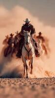Cowboy rides through dust trailing fellow riders during sunset in the open western landscape photo