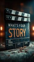 Creative film clapperboard with motivational quote in dimly lit setting for story-telling inspiration photo