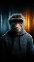 Stylish monkey wearing sunglasses in a hoodie against a vibrant background photo