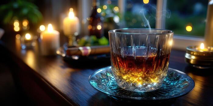 Warm evening with a glass of whiskey beside flickering candles and soft light in a cozy setting photo