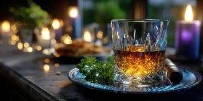 Glass of whiskey on a silver tray surrounded by soft candlelight in an elegant setting at night photo