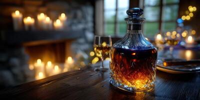 Elegant glass decanter filled with amber spirit on wooden table illuminated by soft candlelight in cozy setting photo