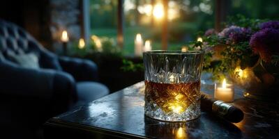 Warm evening with whiskey glass, cigar, and candlelight in cozy living room setting photo