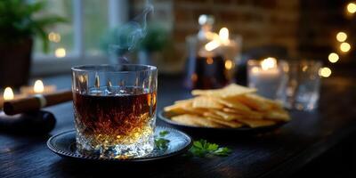 Cozy evening with whiskey and snacks on a rustic table by warm candlelight photo