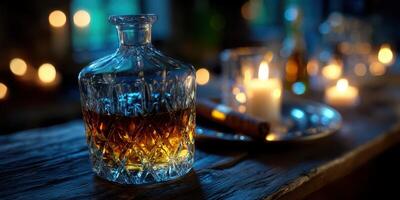 Elegant whiskey decanter with candles and cigars arranged on a wooden table at night photo