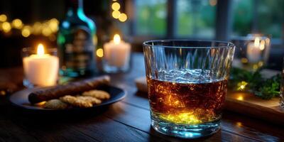 Warm evening gathering with whiskey, cookies, and candles illuminating the cozy surroundings photo