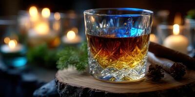 Warm atmosphere of whiskey served in a crystal glass with candles and nature elements around in a cozy setting photo