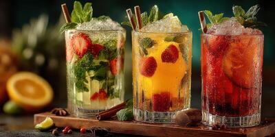 Refreshing fruit cocktails with mint served in elegant glasses on a wooden tray photo