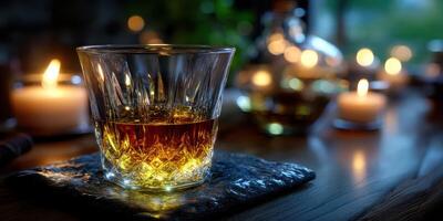 Elegant whiskey glass illuminated by candlelight in a cozy setting during evening hours photo
