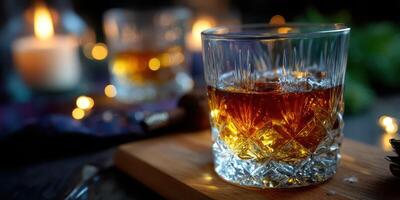 Rich amber whiskey in a crystal glass surrounded by warm candlelight creates a cozy atmosphere for evening relaxation photo