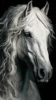 Majestic white horse with flowing mane gazes calmly in a dark setting during the afternoon photo