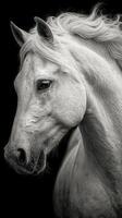 White horse portrait showcasing majestic features against a dark background during golden hour lighting photo