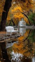 Autumn reflections by the peaceful lake with a historical building in the background photo