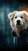 Golden retriever wearing headphones in an artistic winter-themed background with mist and glowing light photo