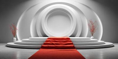 Elegant red carpet stage setup for a formal event in a modern venue with decorative elements photo