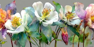 Colorful floral arrangement featuring various blooms in a vibrant watercolor style displayed against a neutral background photo