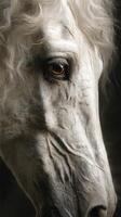 Majestic white horse gazing intently in soft light highlighting its features photo