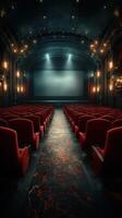 Classic theater interior showcases empty red seats and a large screen with atmospheric lighting before a film screening photo