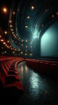 Elegant red velvet seating creates a stunning atmosphere in an empty historic theater before a performance in the evening photo