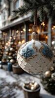 Hanging ornament glistens in winter light at a festive outdoor market during the holiday season photo