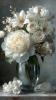 Elegant bouquet of white flowers in a glass vase showcasing peonies, roses, and delicate blossoms on a soft background photo