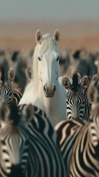 único blanco caballo en pie entre un manada de cebras en un tranquilo abierto campo durante luz foto