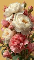 Colorful bouquet of peonies and alstroemerias arranged against a bright yellow backdrop in a serene indoor setting photo
